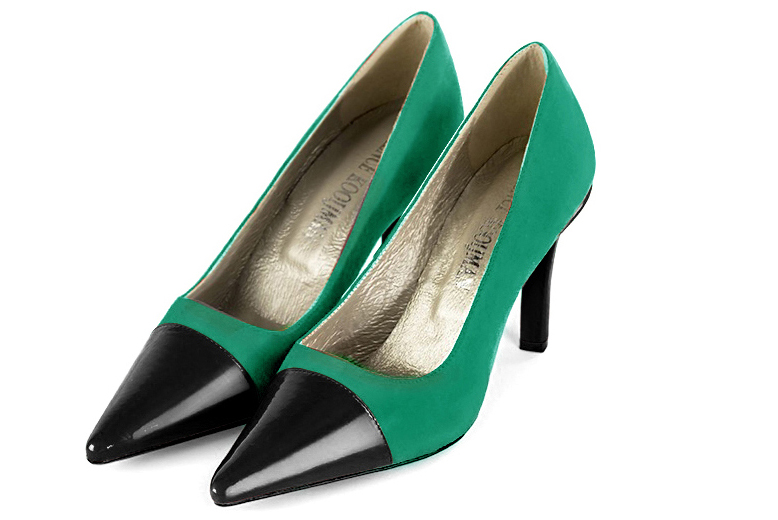 Gloss black and emerald green women's dress pumps,with a square neckline. Pointed toe. High slim heel. Front view - Florence KOOIJMAN